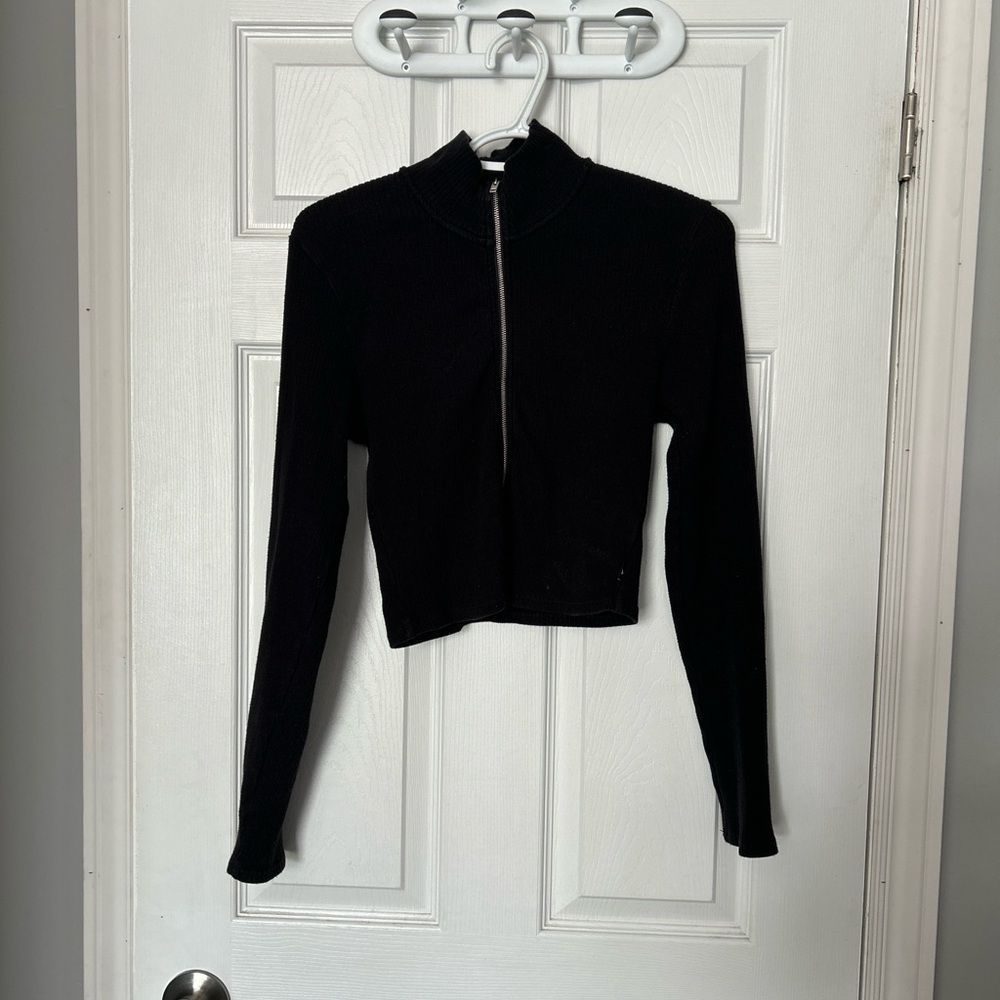 TNA Black Ribbed Zip-Up Longsleeve